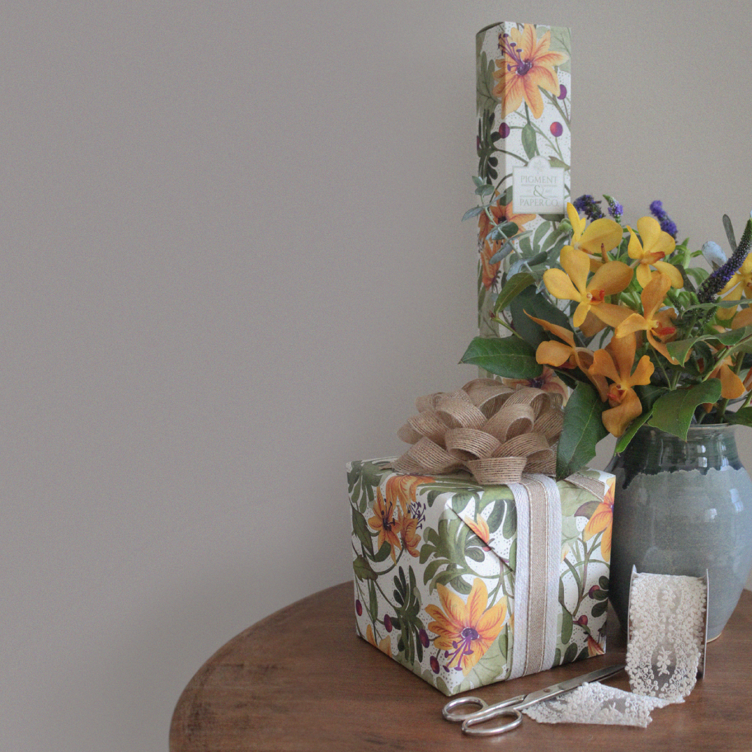 image of soft yellow floral eco gift wrap