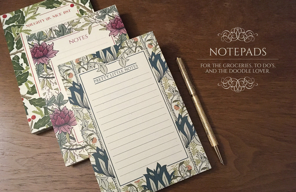 Notepads - for the groceries, to-do lists, or the doodle lover. Image shows 3 styles of botanical notepads. 